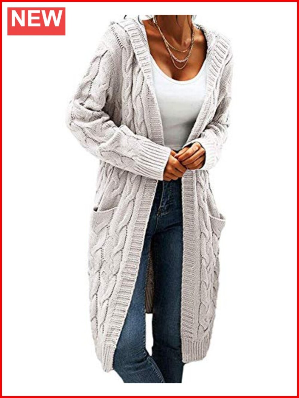 Women's Hooded Open Front Cardigan Cable Knit Chunky Long Sweater Coat with